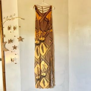 Maxi Yellow Boho Print Dress with slits Lace detail on the back size L